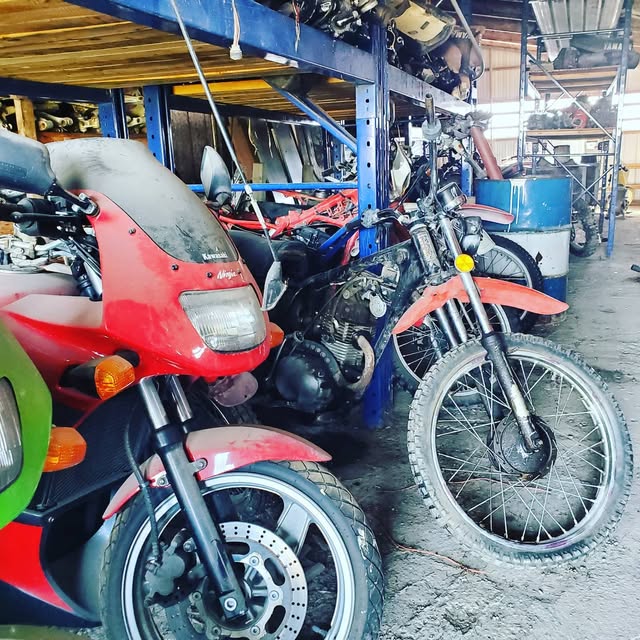 Motorcycles alongside shelves of parts inside the shop